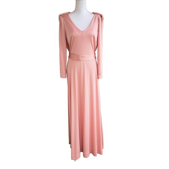 Vintage 70s Pale Pink Draping Long Sleeve Maxi Dress With Belt - Picture 6 of 9
